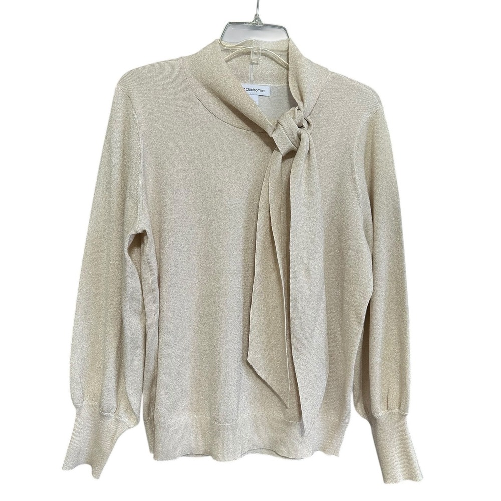 Liz Claiborne Gold Metallic Tie Neck Sleeve Shimmer Sweater Sz L Quiet Luxury